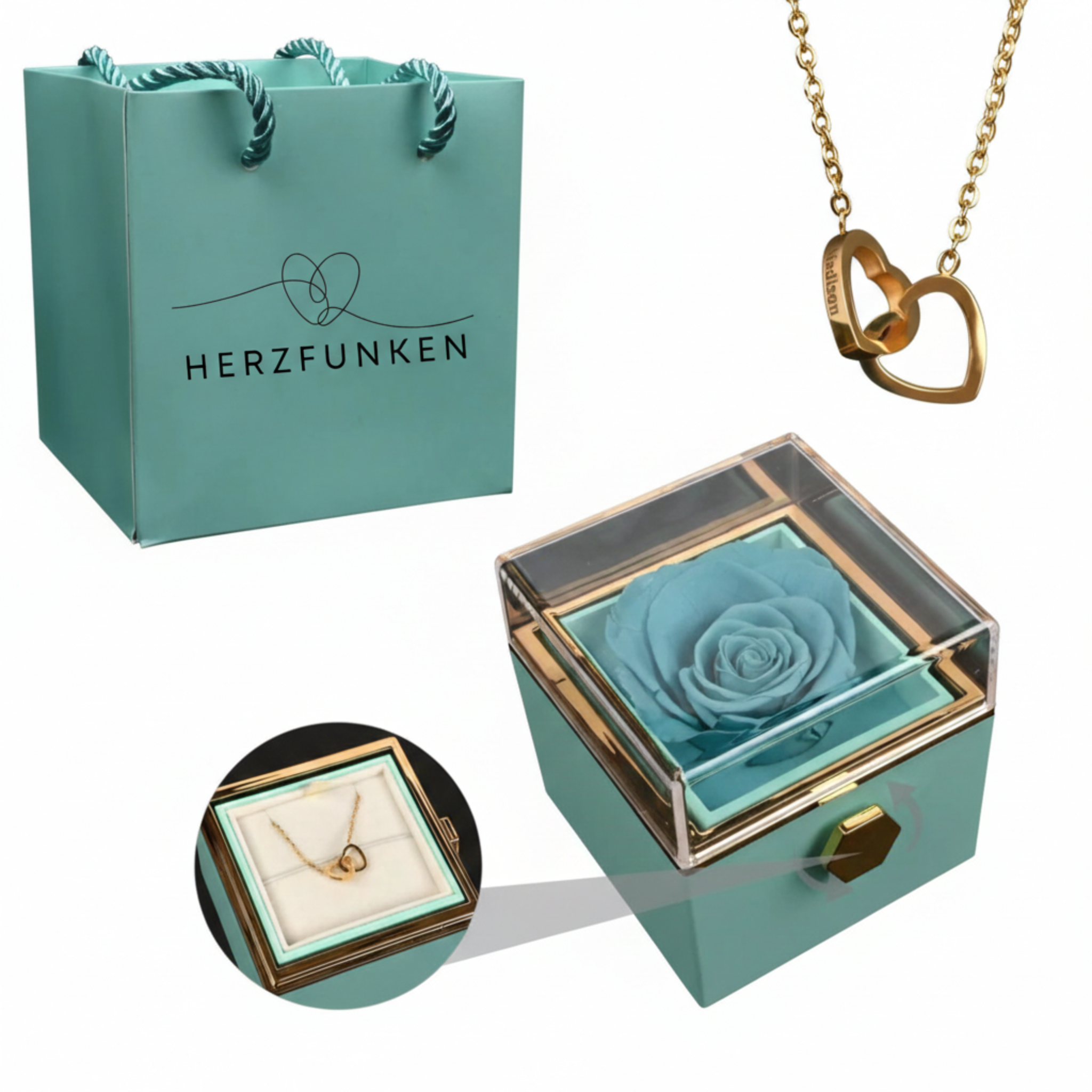 Rosenbox mit gravierter Halskette (Türkis)