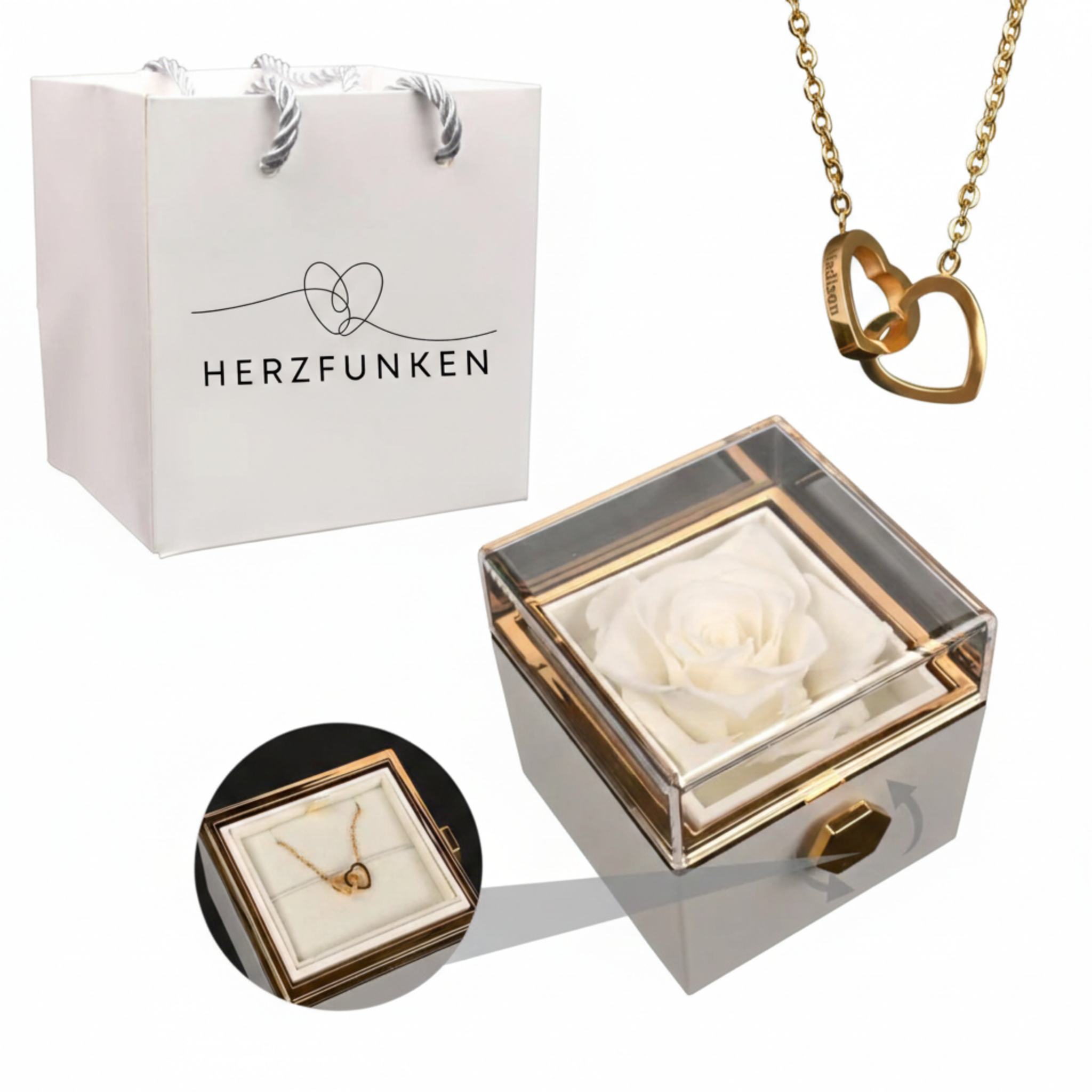 Rosenbox mit gravierter Halskette (Weiß)