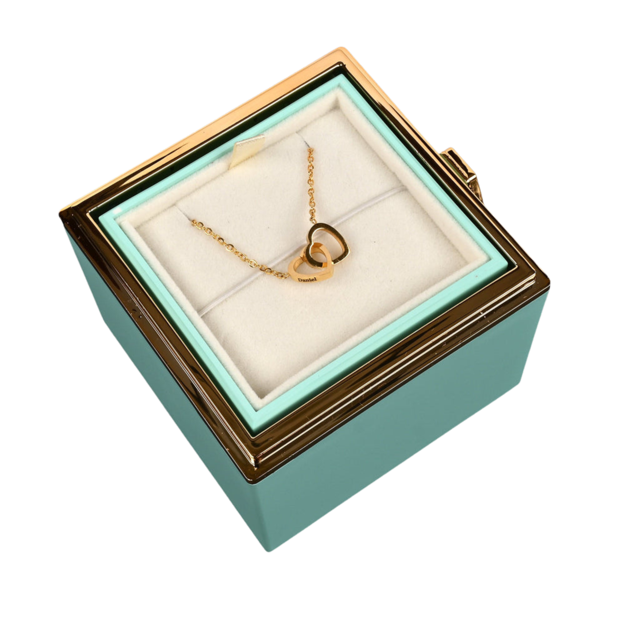 Rosenbox mit gravierter Halskette (Türkis)