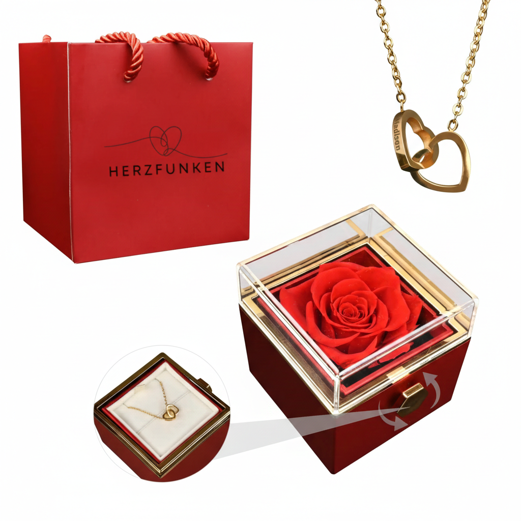 Rosenbox mit gravierter Halskette (Rot)